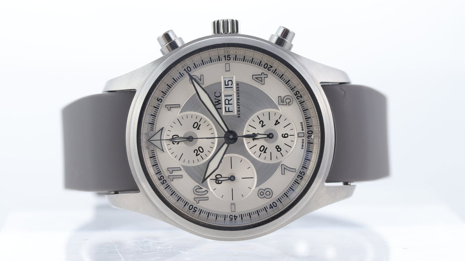 IWC Pilot Spitfire Chronograph Ref IW371702: Brand: IWC Model Name: Pilot Spitfire Reference: IW371702 Movement type: Automatic Movement calibre: IWC 79320 Dial shape: Circular Dial colour: Silver Dial features: Applied arabic numeral hour marke