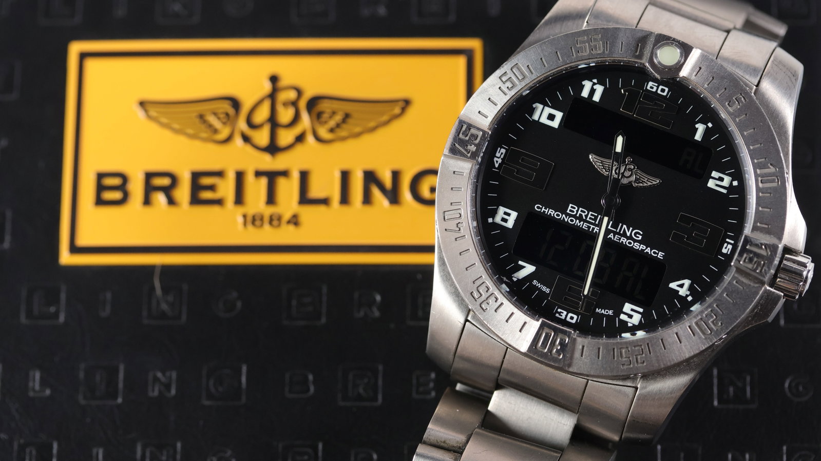 Breitling Aerospace EVO Ref E79363 with Box and Papers 2015: Brand: Breitling Model Name: Aerospace EVO Reference: E79363 Movement type: Quartz Year: 2015 Box: Full Box Papers: Full Set Papers Dial shape: Circular Dial colour: Black Dial features: Arabic numera
