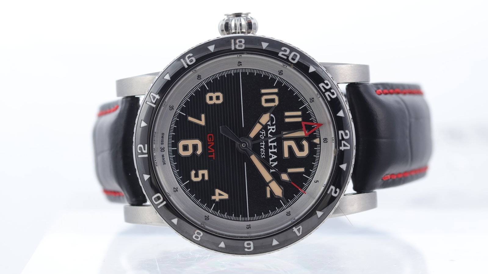 Graham Fortress GMT Automatic Ref GR21REF01: Brand: Graham Model Name: Fortress GMT Reference: GR21REF 01 Movement type: Automatic Movement calibre: Sellita SW 200-1 Dial shape: Circular Dial colour: Black Dial features: Oversized fauxtina lume 