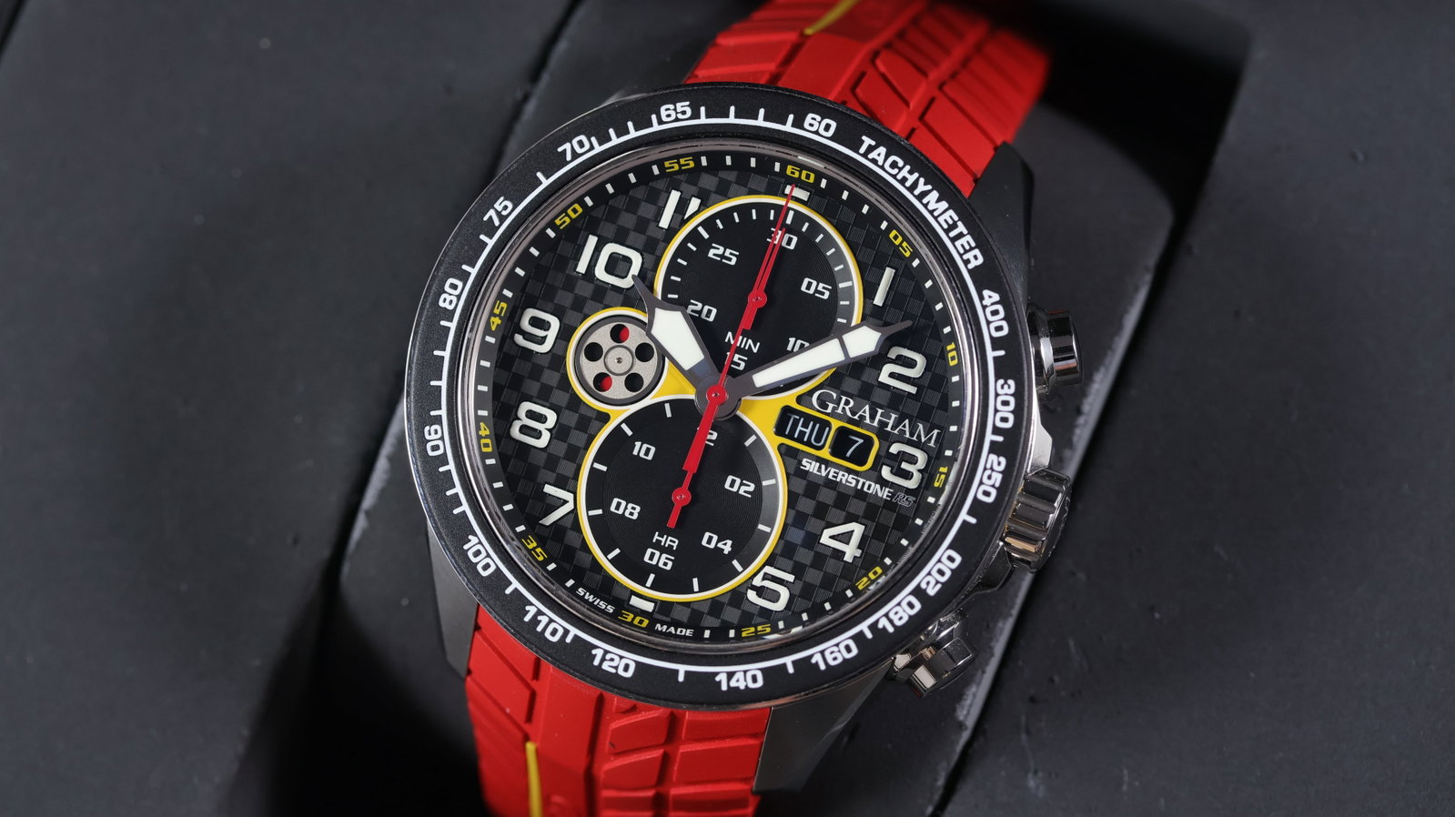 Graham Silverstone RS Ref 2STEA.B15A with Box and Papers 2021: Brand: Graham Model Name: Silverstone RS Reference: 2STEA.B15A Movement type: Automatic Year: 2021 Box: Full Box Papers: Full Set Papers Dial shape: Circular Dial colour: Black Dial features: Racing d