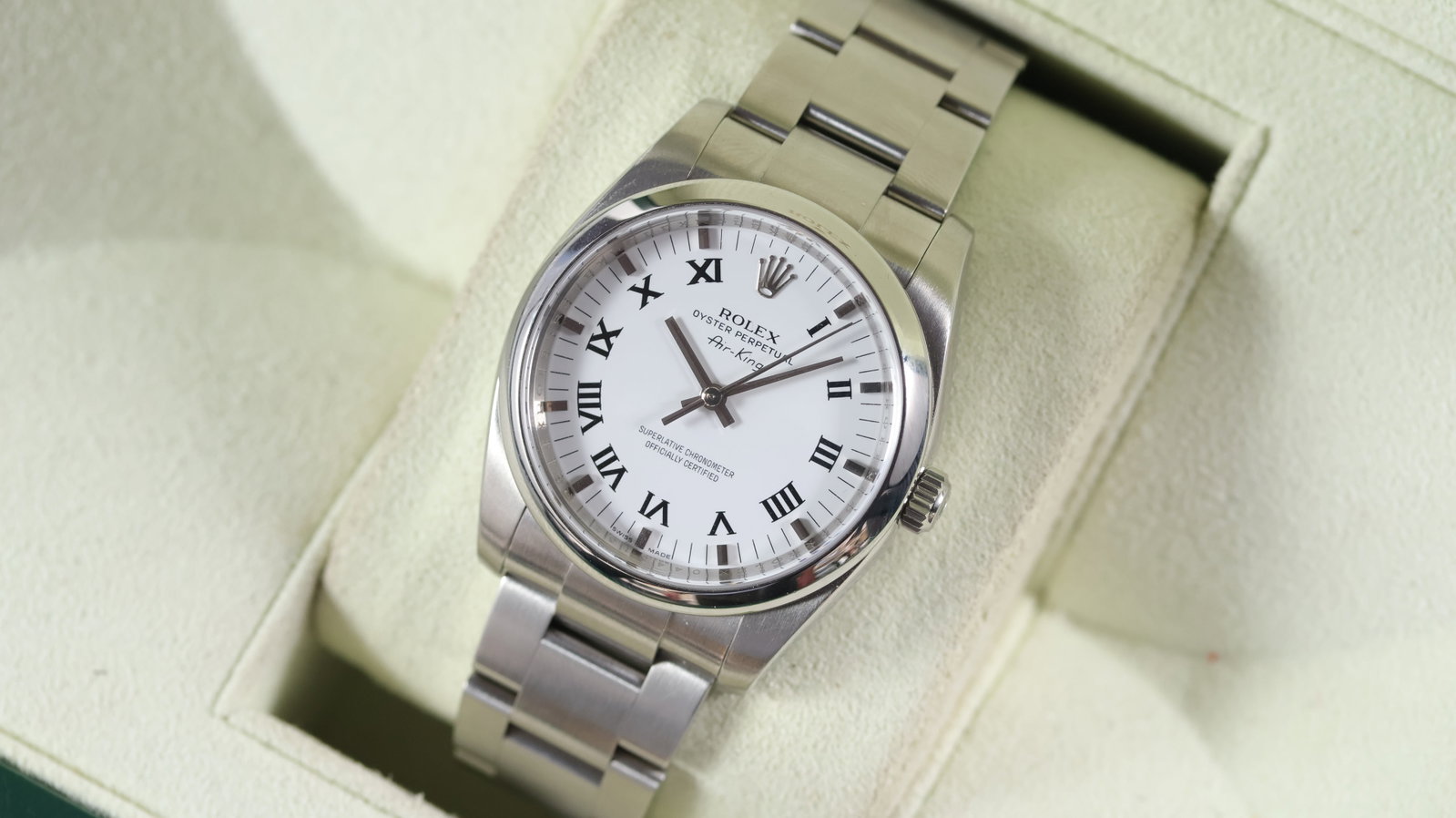 Rolex Oyster Perpetual Air King Ref 114200 with Box and Papers 2018: Brand: Rolex Model Name: Oyster Perpetual Reference: 114200 Movement type: Automatic Year: 2018 Box: inner box Papers: Full Set Papers Dial shape: Circular Dial colour: White Dial features: Black roma