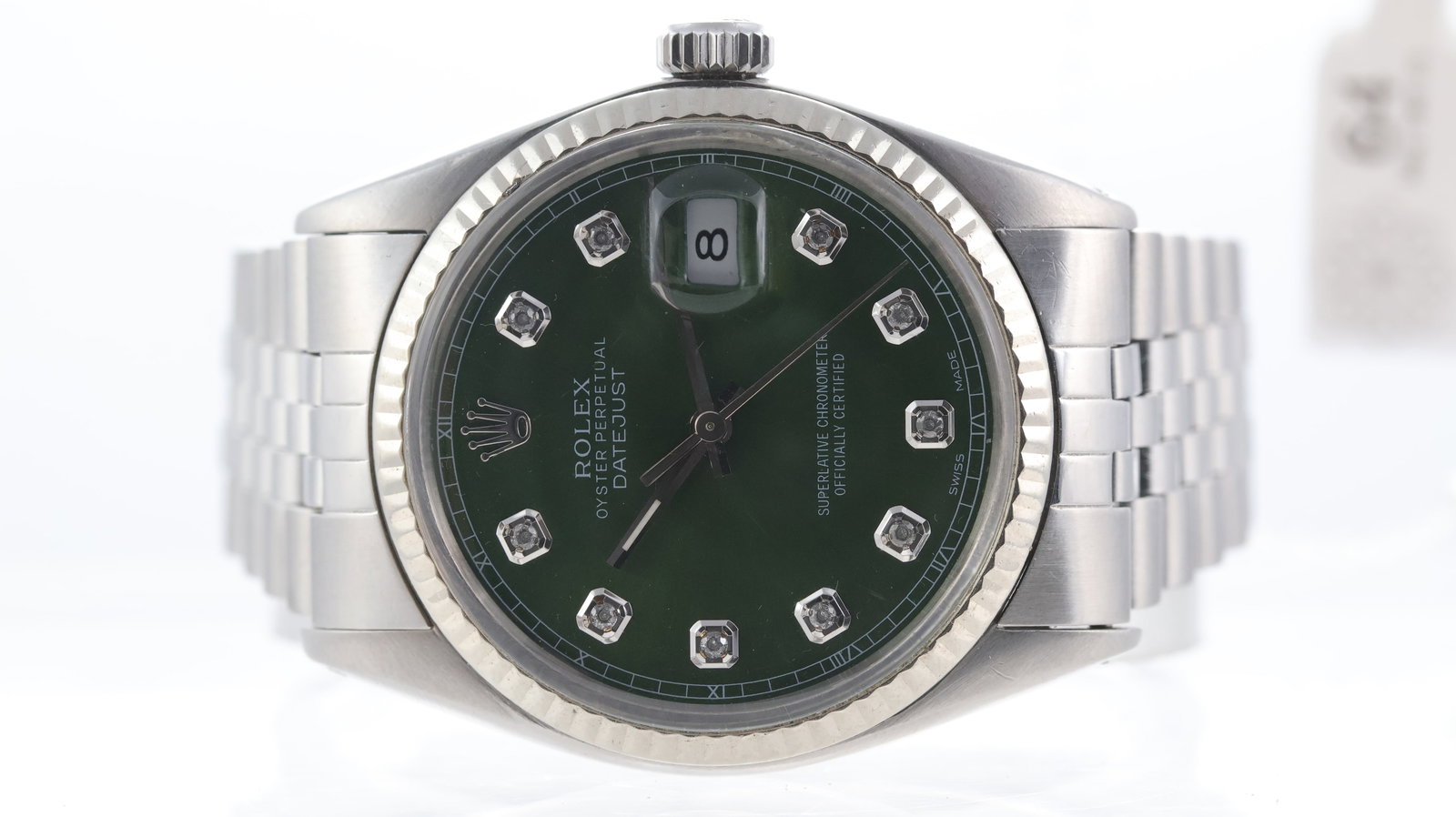 Rolex Datejust 36 Ref 16014 Circa 1979: Brand: Rolex Model Name: Datejust 36 Reference: 16014 Movement type: Automatic Movement calibre: Rolex 3035 Year: 1979 Dial shape: Circular Dial colour: Green Dial features: After market sunburst gree