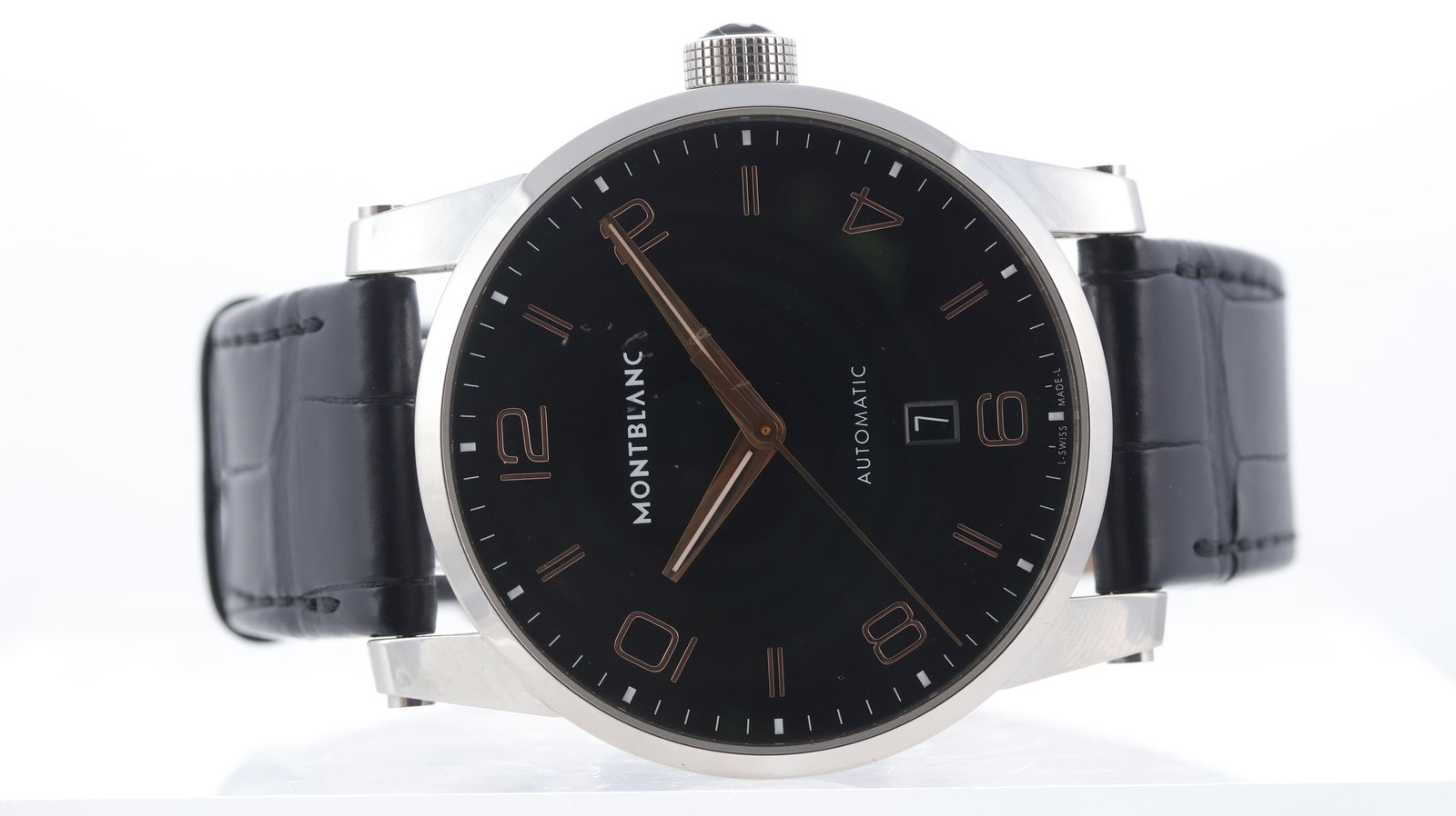 Montblanc Timewalker Ref 7285: Brand: Montblanc Model Name: Timewalker Reference: 7285 Movement type: Automatic Movement calibre: Montblanc 4810 409 Dial shape: Circular Dial colour: Black Dial features: Large Arabic numerals in ro