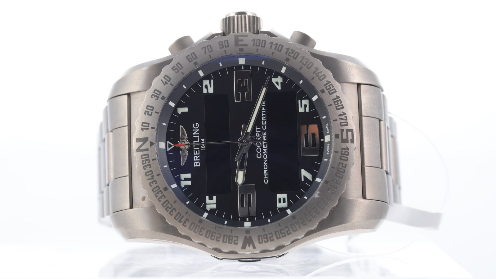 Breitling Cockpit B50 Ref EB5010: Brand: Breitling Model Name: Cockpit B50 Reference: EB5010 Movement type: Quartz Dial shape: Circular Dial colour: Black Dial features: Lume arabic numeral hour markers. Twin digital display. Bezel: B