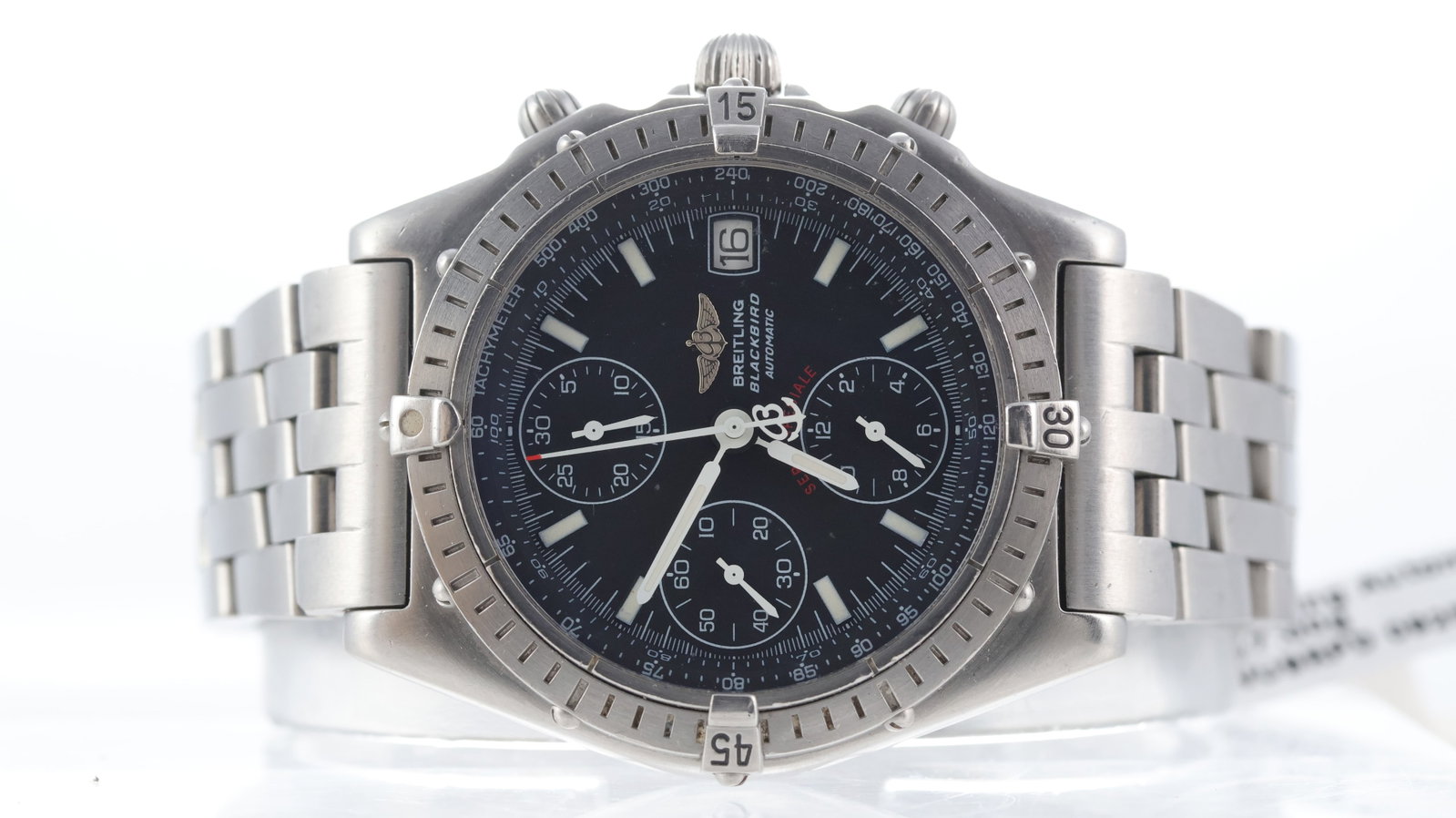 Breitling Blackbird Ref A13050.1: Brand: Breitling Model Name: Blackbird Reference: A13050.1 Movement type: Automatic Dial shape: Circular Dial colour: Black Dial features: Cream baton hour markers, three subsidiary dials, quickset da