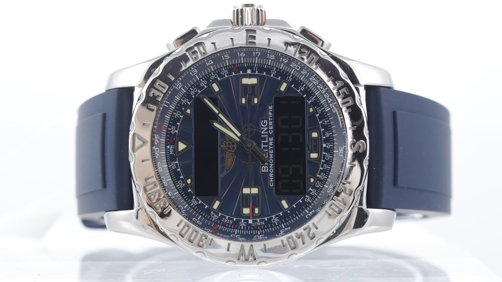 Breitling Airwolf Ref A78363 Circa 2019: Brand: Breitling Model Name: Airwolf Reference: A78363 Movement type: Quartz Movement calibre: Breitling 78 Year: Circa 2019 Dial shape: Circular Dial colour: Blue Dial features: Silver/lume hands and