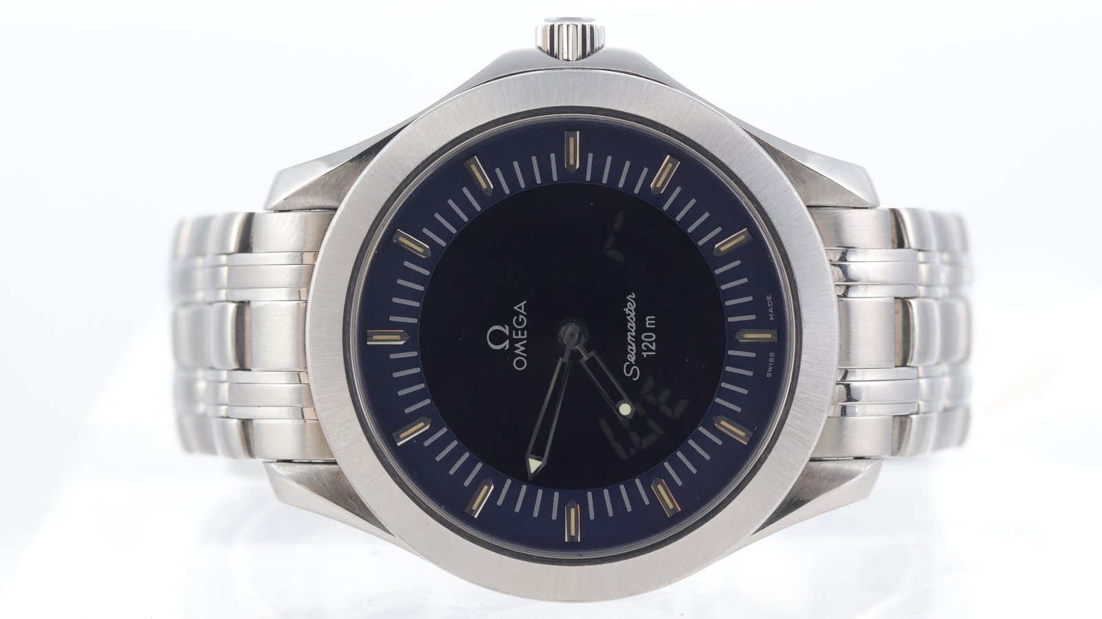 Omega Seamaster 120 Circa 1998: Brand: Omega Model Name: Seamaster 120 Movement type: Automatic Year: Circa 1998 Dial shape: Circular Dial colour: Blue Dial features: Analogue/digital dial Bezel: Smooth Case size: Approx 40mm Case m