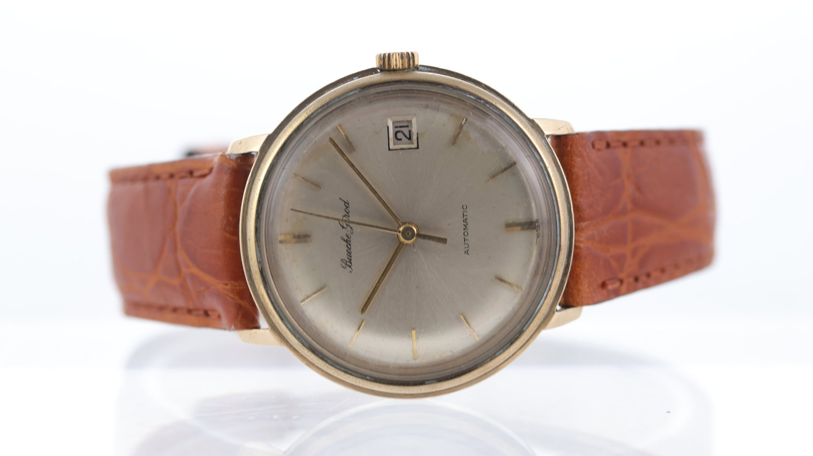 Bueche Girod Dress Watch 9ct Gold Ref 11615-1 with Box Circa 1960's: Brand: Bueche Girod Model Name: Dress Watch Reference: 11615-1 Movement type: Automatic Year: Circa 1960's Box: Accompanying Box Dial shape: Circular Dial colour: Silver Dial features: Baton hour mark