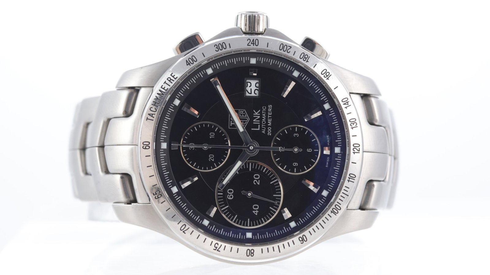 Tag Heuer Link Ref CJF2110-0: Brand: Tag Heuer Model Name: Link Reference: CJF2110-0 Movement type: Automatic Movement calibre: Tag Heuer 16 Dial shape: Circular Dial colour: Black Dial features: Applied hour markers. Three subsid