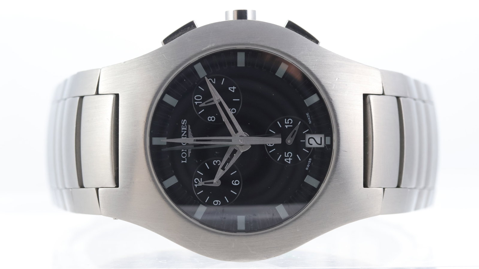 Longines Opposition Ref L3.618.4: Brand: Longines Model Name: Opposition Reference: L3.618.4 Movement type: Quartz Dial shape: Circular Dial colour: black Dial features: three sub dials, block our markers, date to 6 Case size: 38mm