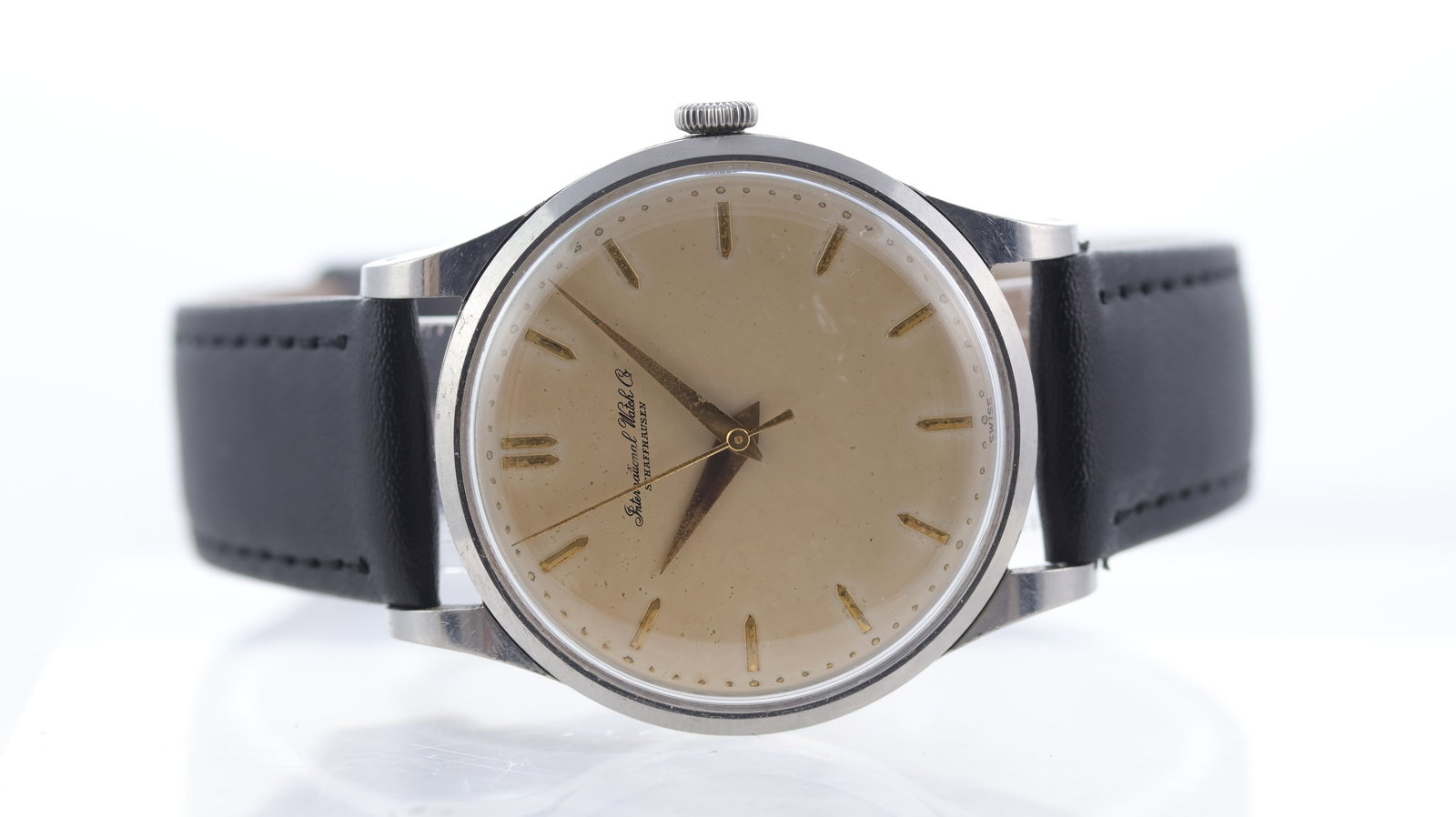 Vintage IWC Shaffhausen 'Calatrava' Circa 1950's: Brand: IWC Model Name: Shaffhausen 'Calatrava' Movement type: Manual Wind Movement calibre: IWC 89 Year: Circa 1950's Dial shape: Circular Dial colour: Silver Patina Dial features: Gilt hands and bull