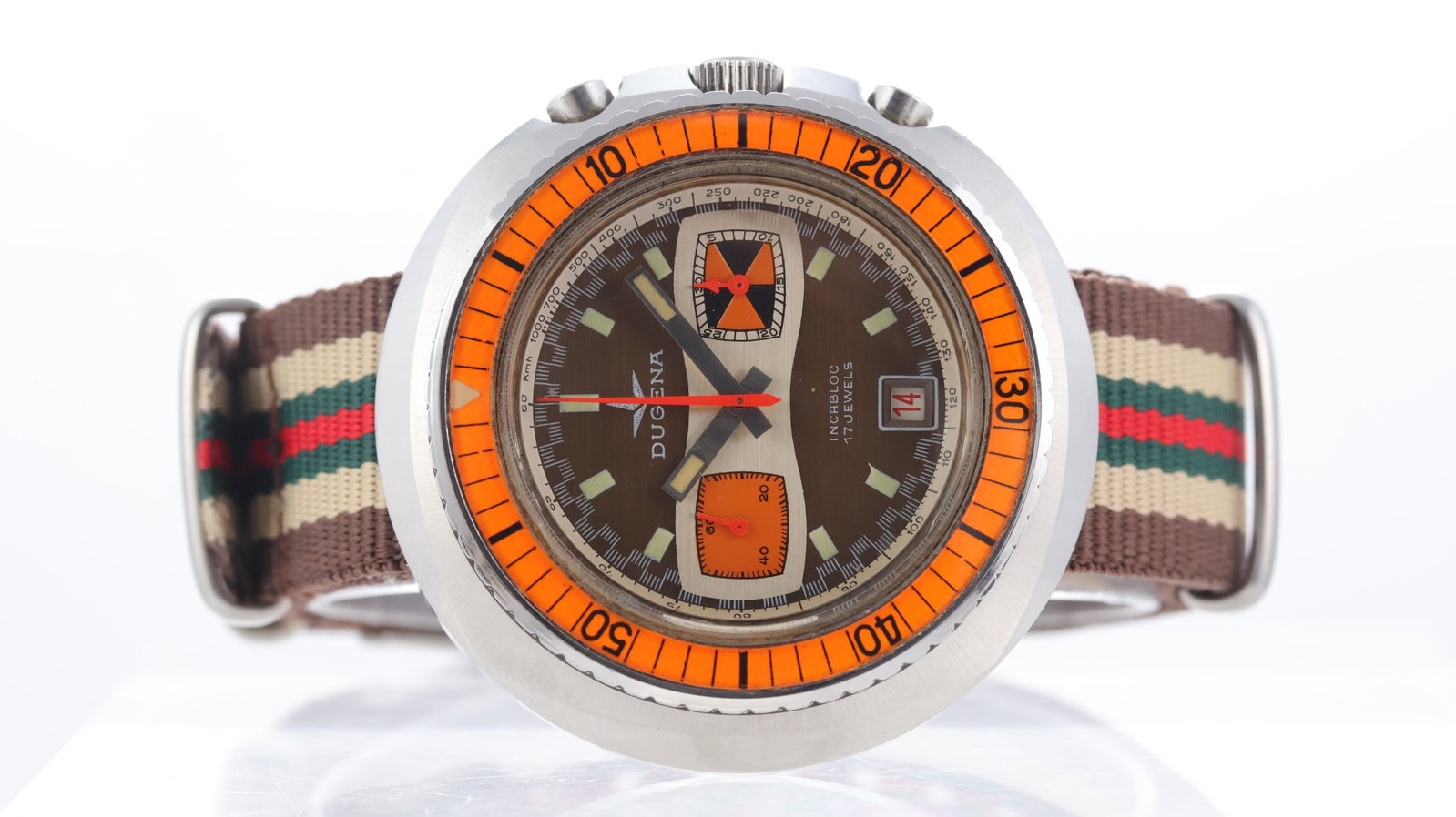 Dugena Diver Chronograph 'Big Orange' Ref 195 Circa 1970's: Brand: Dugena Model Name: Diver Reference: 195 Movement type: Manual Wind Movement calibre: Dugena 4003 (Valjoux 7734) Year: Circa 1970's Dial shape: Circular Dial colour: Brown Dial features: Baton h