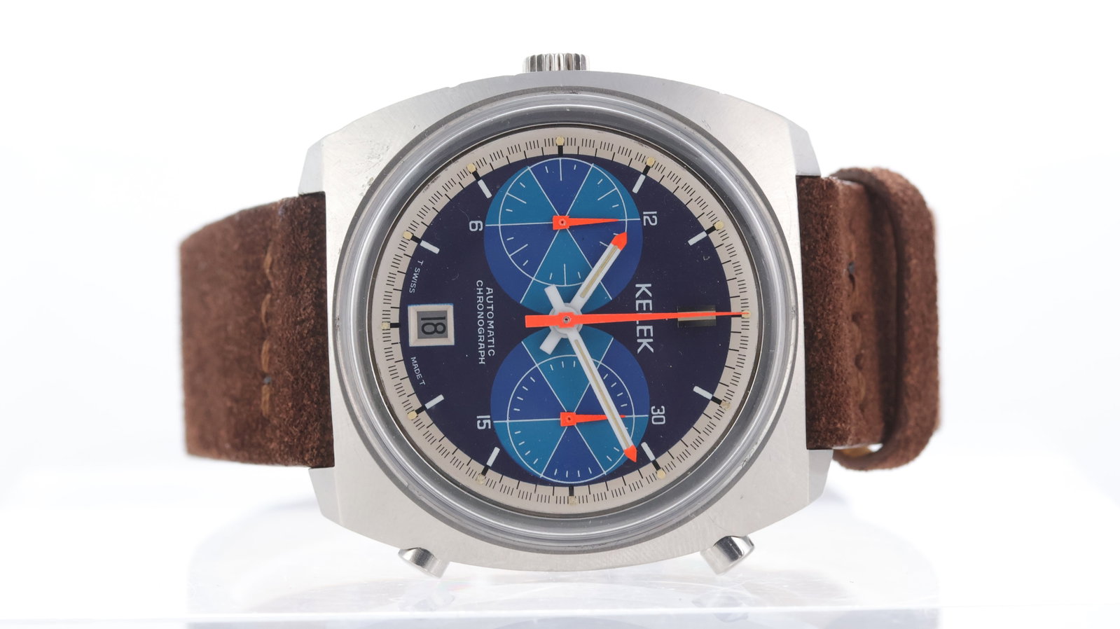 Vintage Kelek 'Big Eye' Automatic Chronograph Circa 1970's: Brand: Kelek Model Name: 'Big Eye' Movement type: Automatic Movement features: Buren/Heuer Cal.12 Year: Circa 1970's Dial shape: Circular Dial colour: Blue Dial features: Tri-colour dial with neon ora