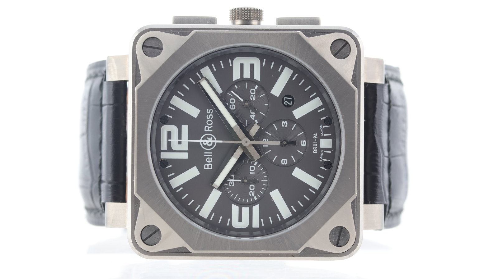 Bell & Ross BR01-94 Ref BR01-94-TT with Box and Papers 2010: Brand: Bell & Ross Model Name: BR01-94 Reference: BR01-94-TT Movement type: Automatic Year: 2010 Box: Full Box Papers: Full Set Papers Dial shape: Circular Dial colour: Grey Dial features: Arabic and 