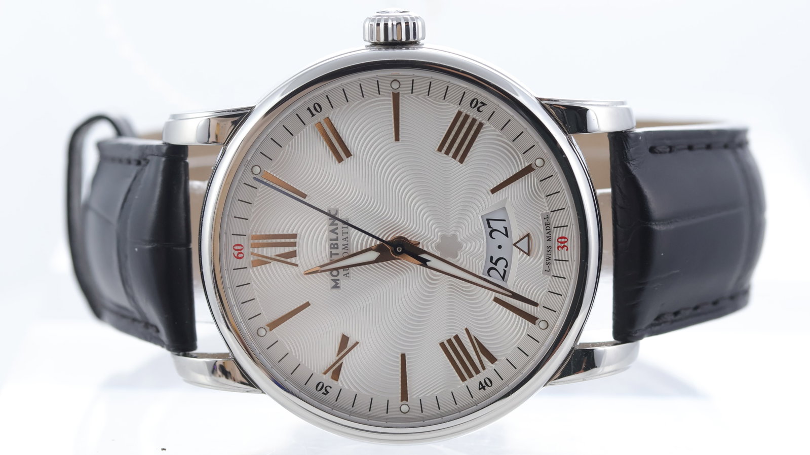 Montblanc 4810 Automatic Ref 7390: Brand: Montblanc Model Name: Montblanc 4810 Reference: 7390 Movement type: Automatic Dial shape: Circular Dial colour: Silver Dial features: Guilloche dial with rose, roman numeral hour markers.