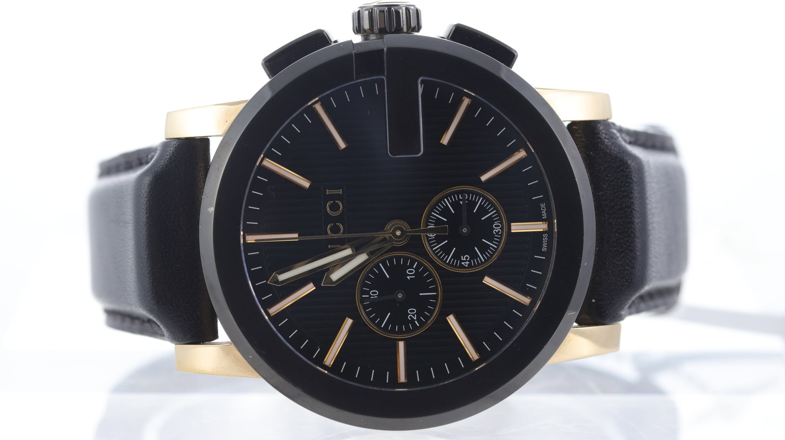 Gucci G-Chrono Ref 101.2: Brand: Gucci Model Name: G-Chrono Reference: 101.2 Movement type: Quartz Dial shape: Circular Dial colour: Black Dial features: striped dial, two sub dials, baton hour markers Bezel: DLC coated Case