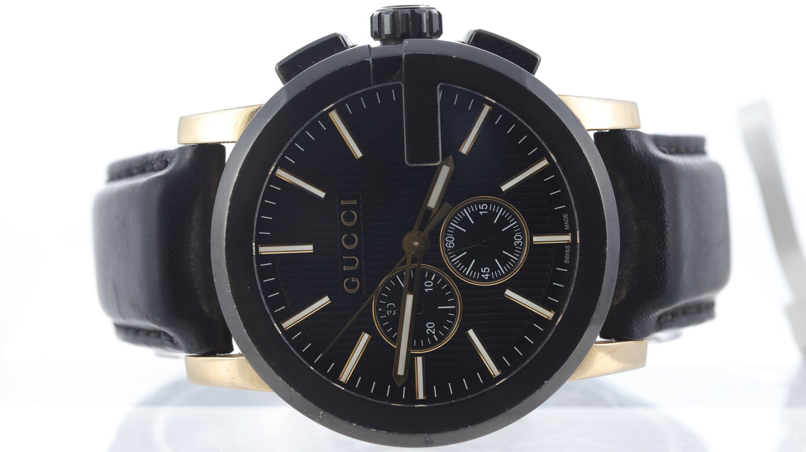 Gucci G-Chrono Ref 101.2: Brand: Gucci Model Name: G-Chrono Reference: 101.2 Movement type: Quartz Dial shape: Circular Dial colour: Black Dial features: Striped dial, two sub dials, baton hour markers Case size: 44mm Case