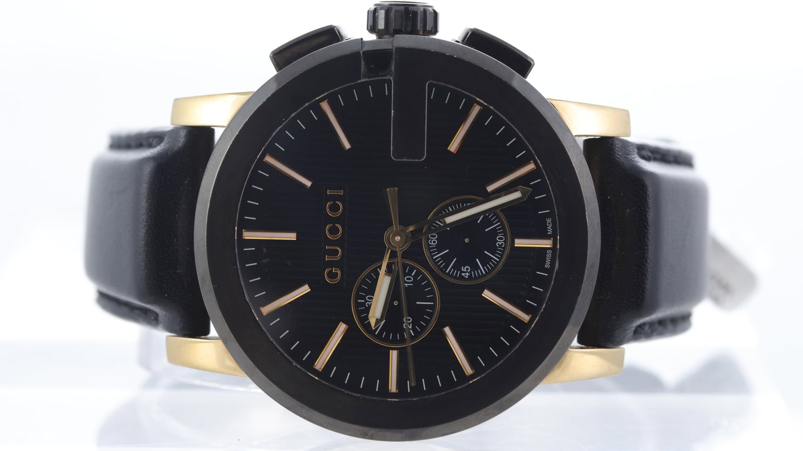 Gucci G-Chrono Ref 101.2: Brand: Gucci Model Name: G-Chrono Reference: 101.2 Movement type: Quartz Dial shape: Circular Dial colour: Black Dial features: striped dial, two sub dials, baton hour markers Case size: 44mm Case