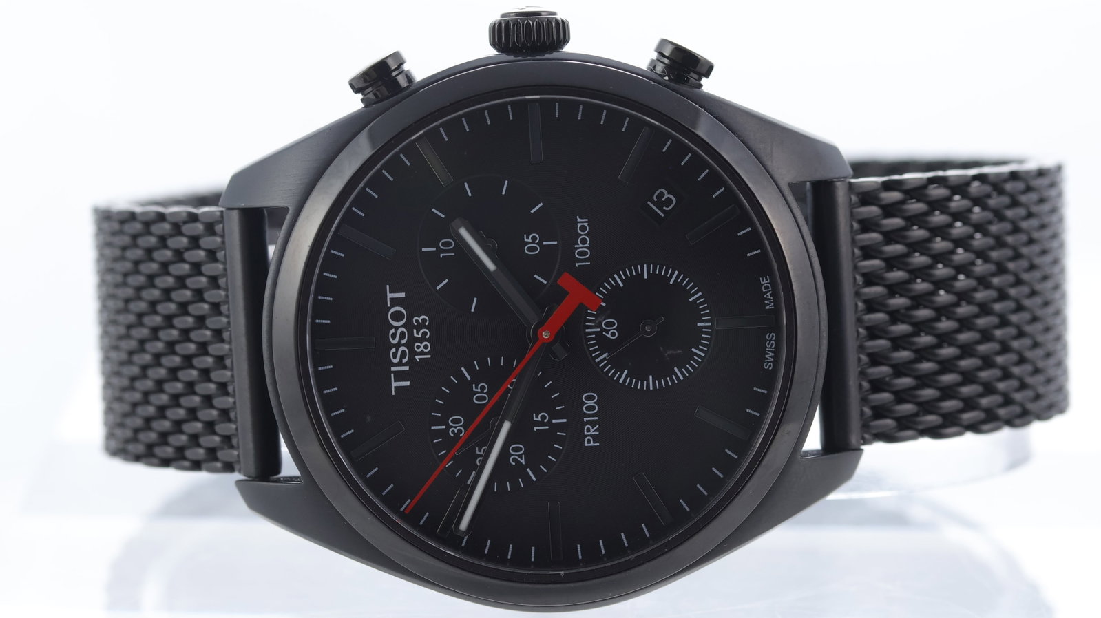 Tissot PR100 Quartz Chronograph Ref T101417A: Brand: Tissot Model Name: PR100 Reference: T101417A Movement type: Quartz Dial shape: Circular Dial colour: Black Dial features: Baton hour markers, three subsidiary dials, quickset date aperture at