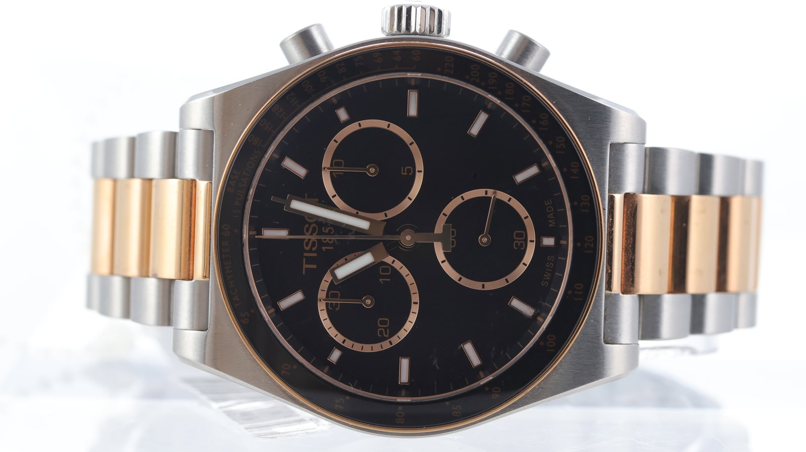 Tissot PR 516 Quartz Chronograph Ref T149417A: Brand: Tissot Model Name: PR 516 Reference: T149417A Movement type: Quartz Dial shape: Circular Dial colour: Black Dial features: Rose hands and baton hour markers. Bezel: Rose plated bezel with a