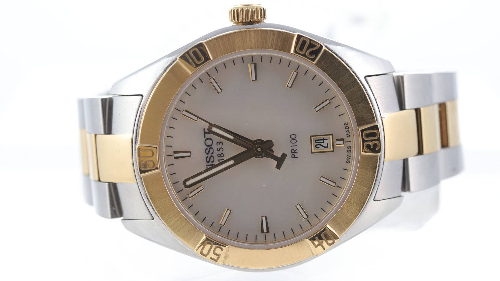 Tissot PR100 Ref t101910a: Brand: Tissot Model Name: PR100 Reference: t101910a Movement type: Quartz Dial shape: Circular Dial colour: Mother of Pearl Dial features: Baton hour markers, date aperture at 6 o'clock. Bezel: Fixed