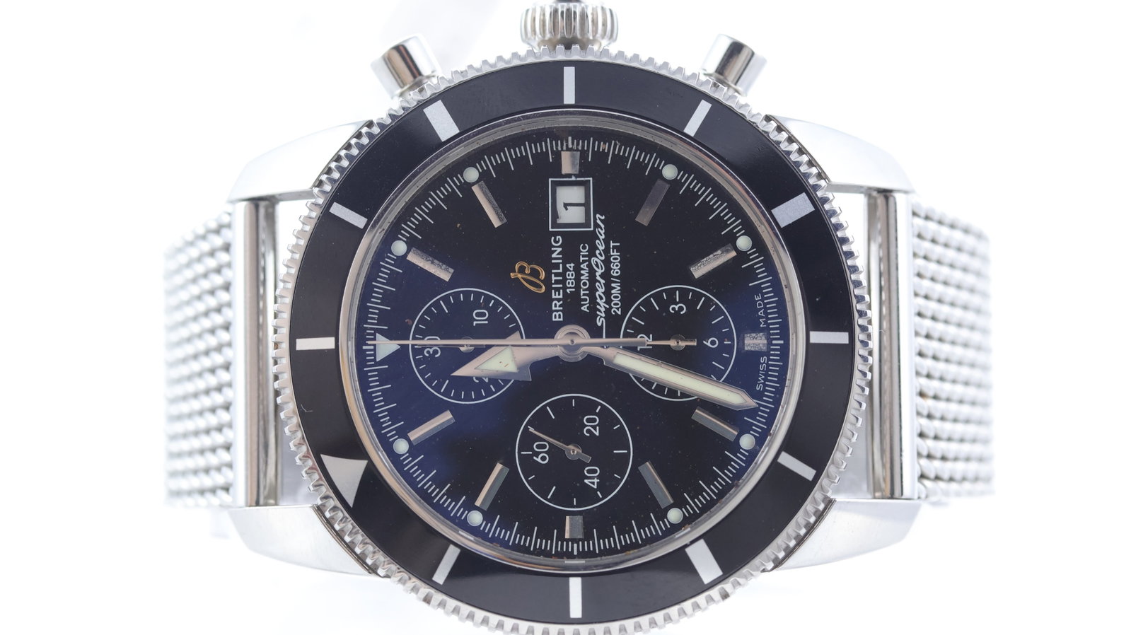 *Check Condition Report* Breitling Superocean Heritage Chronograph Ref A13320 with Box and Papers 20: Brand: Breitling Model Name: Superocean Heritage Reference: A13320 Movement type: Automatic Movement calibre: Valjoux 7750 Year: 2016 Box: Full Box Box features: Missing cushion Papers: Full Set