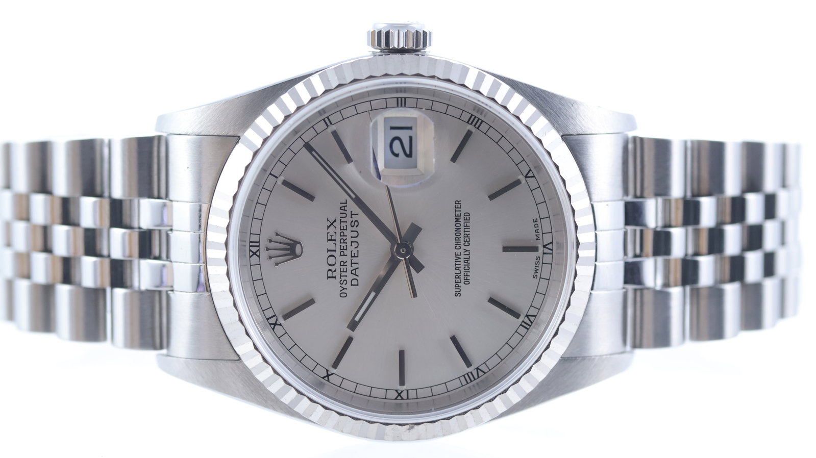 Rolex Datejust 36 Ref 16234 Circa 2002: Brand: Rolex Model Name: Datejust 36 Reference: 16234 Movement type: Automatic Movement calibre: Rolex 3135 Year: Circa 2002 Dial shape: Circular Dial colour: Sunburst silver Dial features: Baton hour