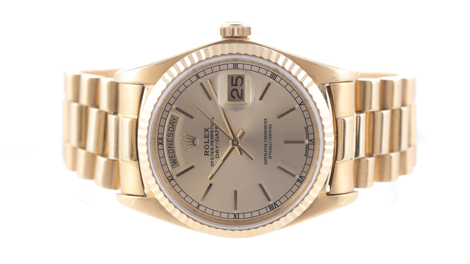 Rolex Day-Date 18ct yellow gold Ref 18038 Circa 1979: Brand: Rolex Model Name: Day-Date Reference: 18038 Movement type: Automatic Movement calibre: Rolex 3055 Year: Circa 1979 Dial shape: Circular Dial colour: Champagne Dial features: Baton hour markers,