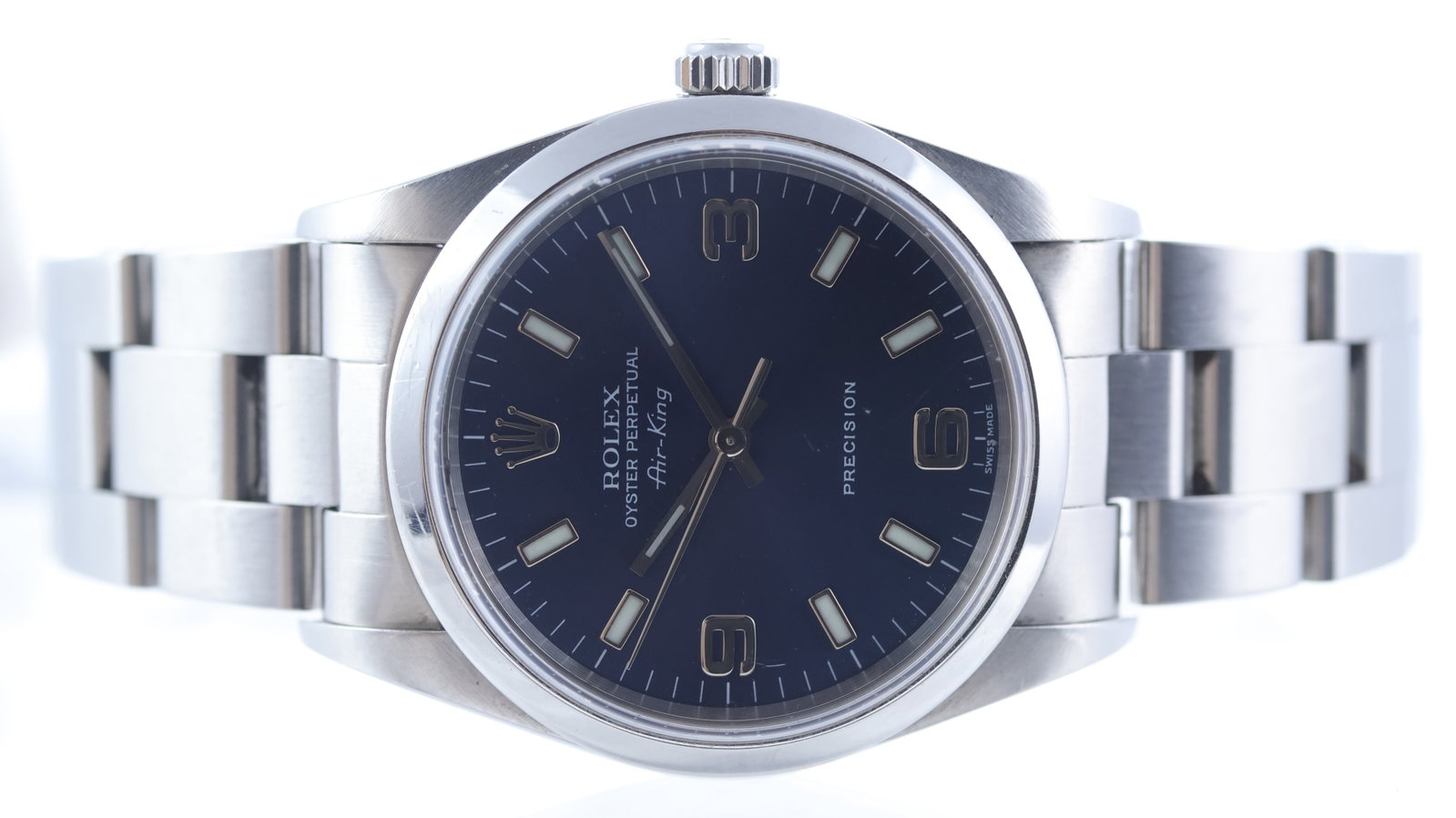 Rolex Air King Ref 14000 Circa 2000: Brand: Rolex Model Name: Air King Reference: 14000 Movement type: Automatic Movement calibre: Rolex 3000 Year: Circa 2000 Dial shape: Circular Dial colour: Blue Dial features: Luminous hour markers, A