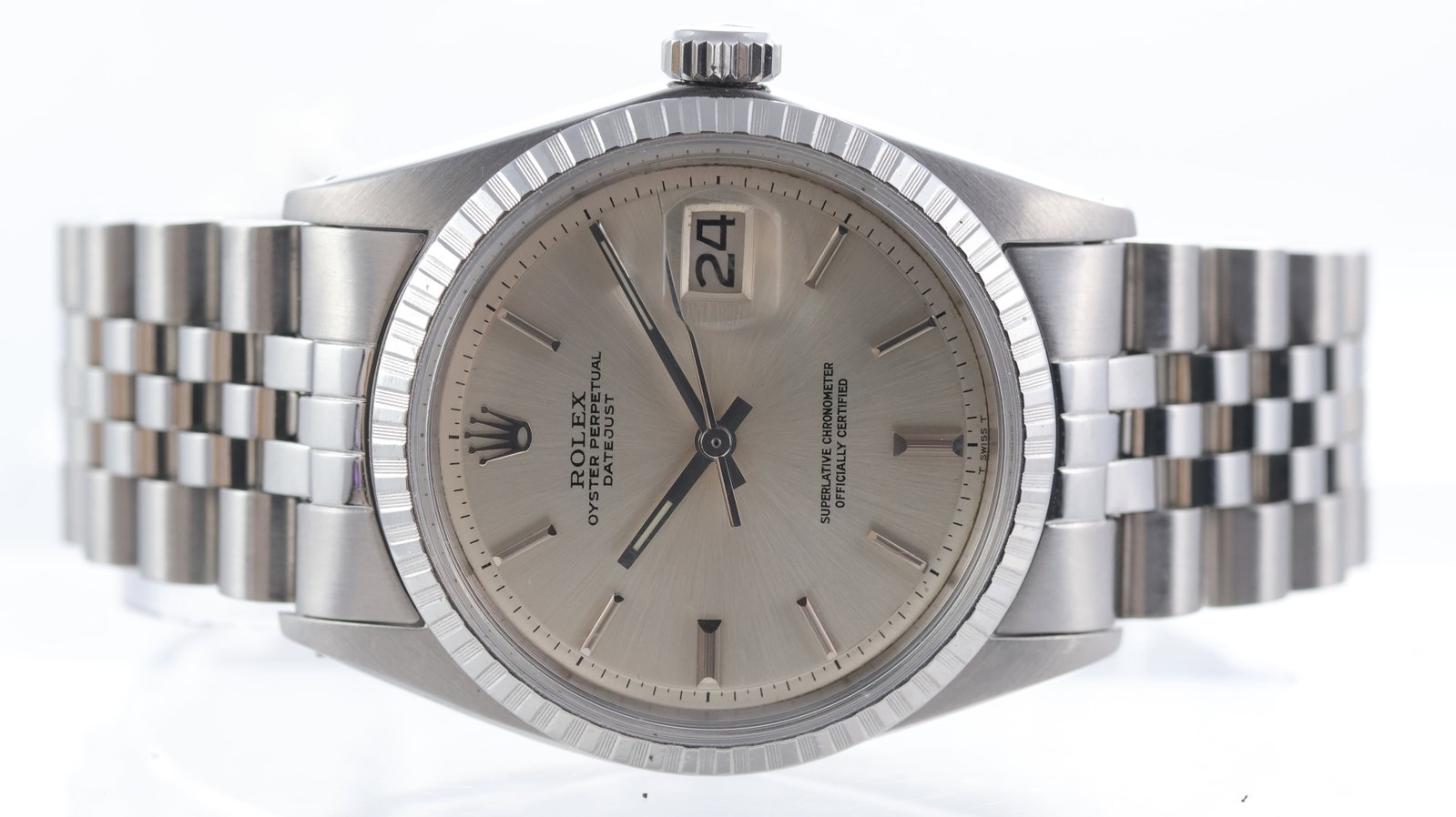 Rolex Datejust 36 Ref 1603 Circa 1969: Brand: Rolex Model Name: Datejust 36 Reference: 1603 Movement type: Automatic Movement calibre: Rolex 1570 Year: Circa 1969 Dial shape: Circular Dial colour: Silver Dial features: Pie Pan Dial, baton 