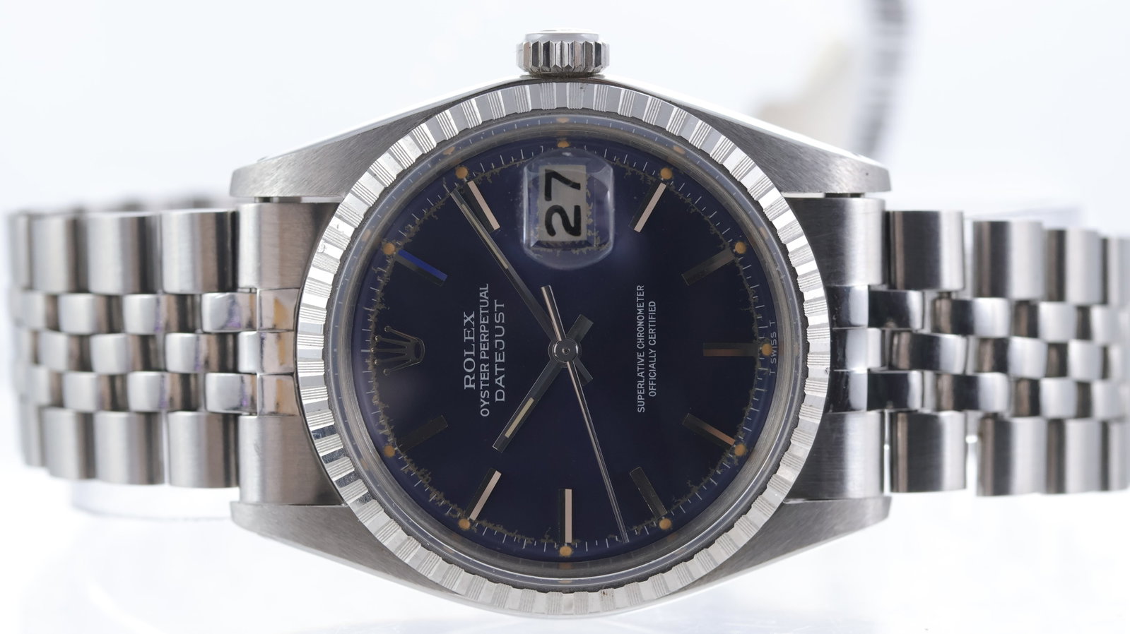 Rolex Datejust 36 Ref 1603 Blue Dial Circa 1973: Brand: Rolex Model Name: Datejust 36 Reference: 1603 Movement type: Automatic Movement calibre: Rolex 1570 Year: Circa 1973 Dial shape: Circular Dial colour: Blue Dial features: Pie Pan tritium dial w
