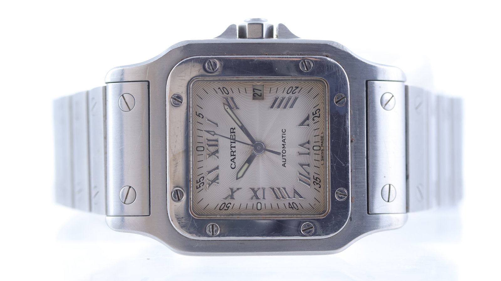 Cartier Santos Galbee Ref 2319 Circa 2000's: Brand: Cartier Model Name: Santos Galbee Reference: 2319 Movement type: Automatic Year: Circa 2000's Dial shape: Square Dial colour: Silver Dial features: Guilloche texture with roman numeral hour mar