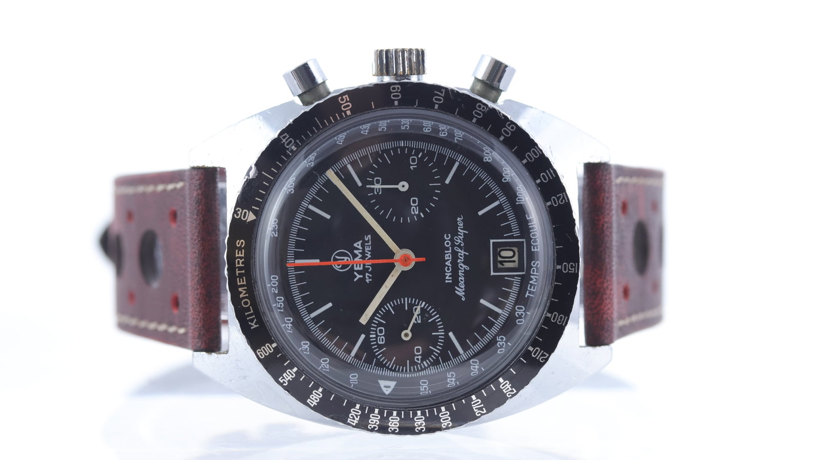 Yema Meangraf Super Ref 721122 Circa 1970's: Brand: Yema Model Name: Meangraf Super Reference: 721122 Movement type: Manual Wind Movement calibre: Valjoux 7734 Year: Circa 1970's Dial shape: Circular Dial colour: Black Dial features: Baton hour 