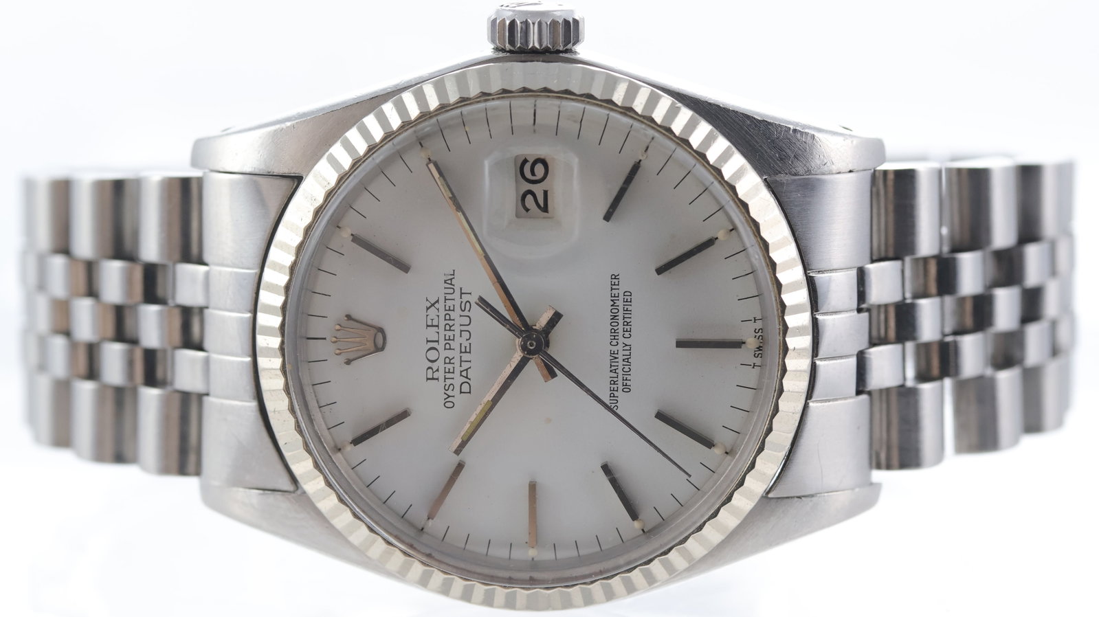 Rolex Datejust 36 Ref 16014 Circa 1980: Brand: Rolex Model Name: Datejust 36 Reference: 16014 Movement type: Automatic Movement calibre: Rolex 3035 Year: Circa 1980 Dial shape: Circular Dial colour: White Dial features: Tritium hands and lu