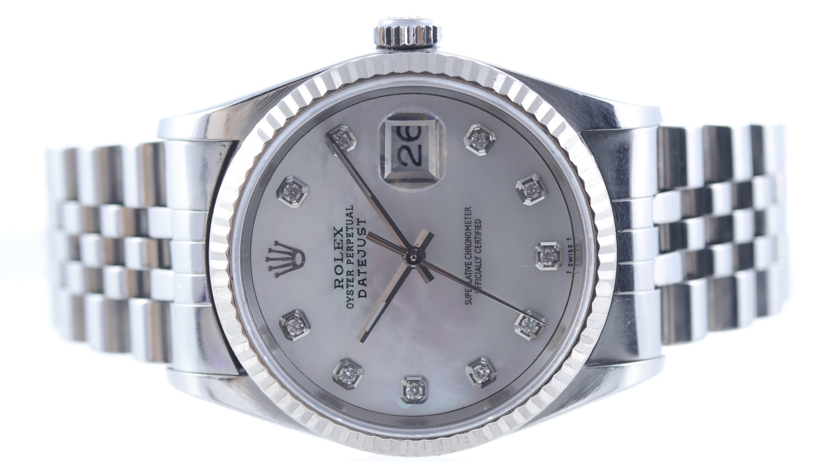 Rolex Datejust 36 Ref 16234 Circa 2000: Brand: Rolex Model Name: Datejust 36 Reference: 16234 Movement type: Automatic Movement calibre: Rolex 3135 Year: Circa 2000 Dial shape: Circular Dial colour: Mother of Pearl Dial features: Aftermarke