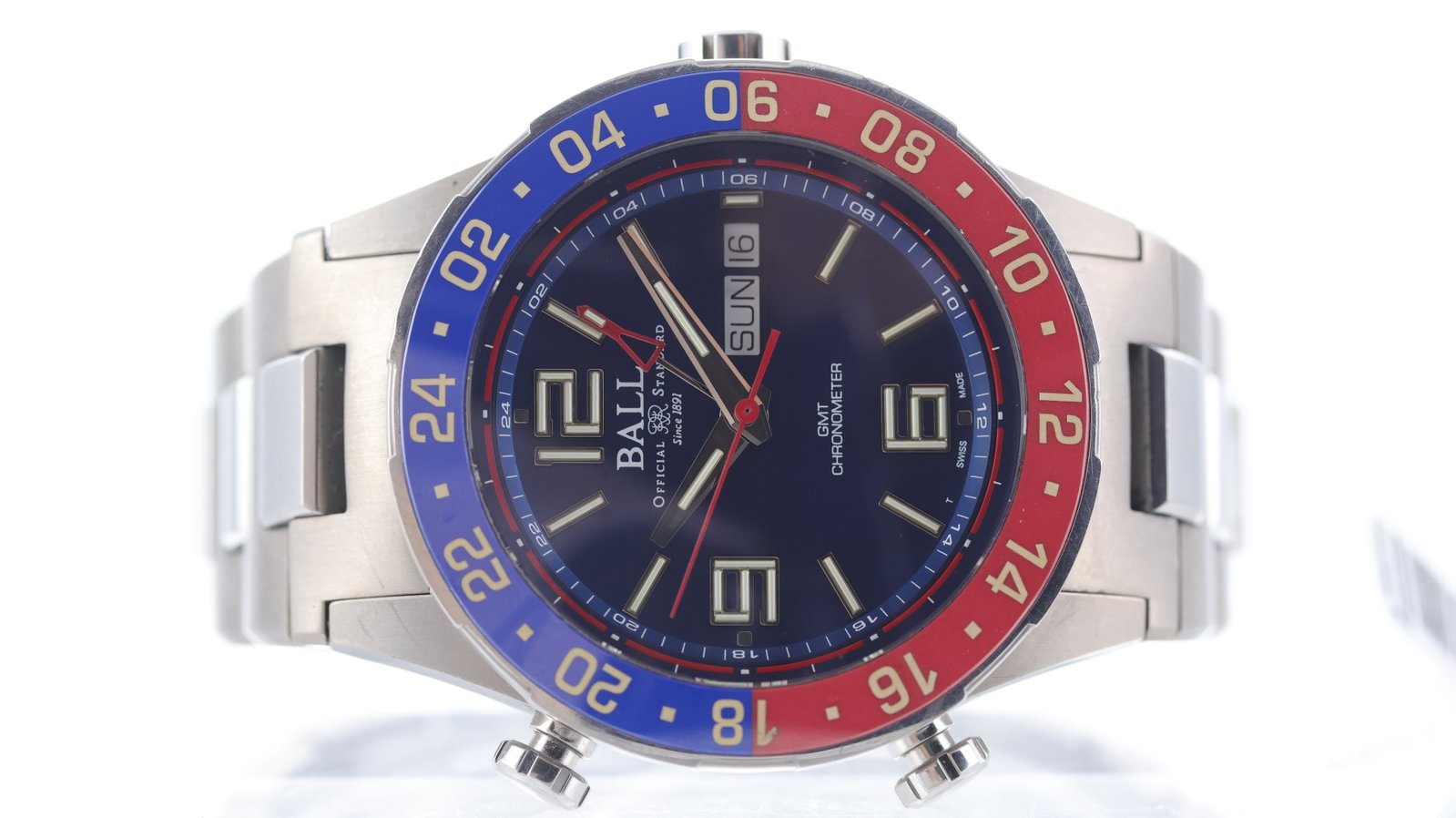 Ball Roadmaster Marine GMT Ref DG3030B: Brand: Ball Model Name: Roadmaster Marine GMT Reference: DG3030B Movement type: Automatic Dial shape: Circular Dial colour: Blue Dial features: Arabic numerals, day and date aperture, red GMT hand