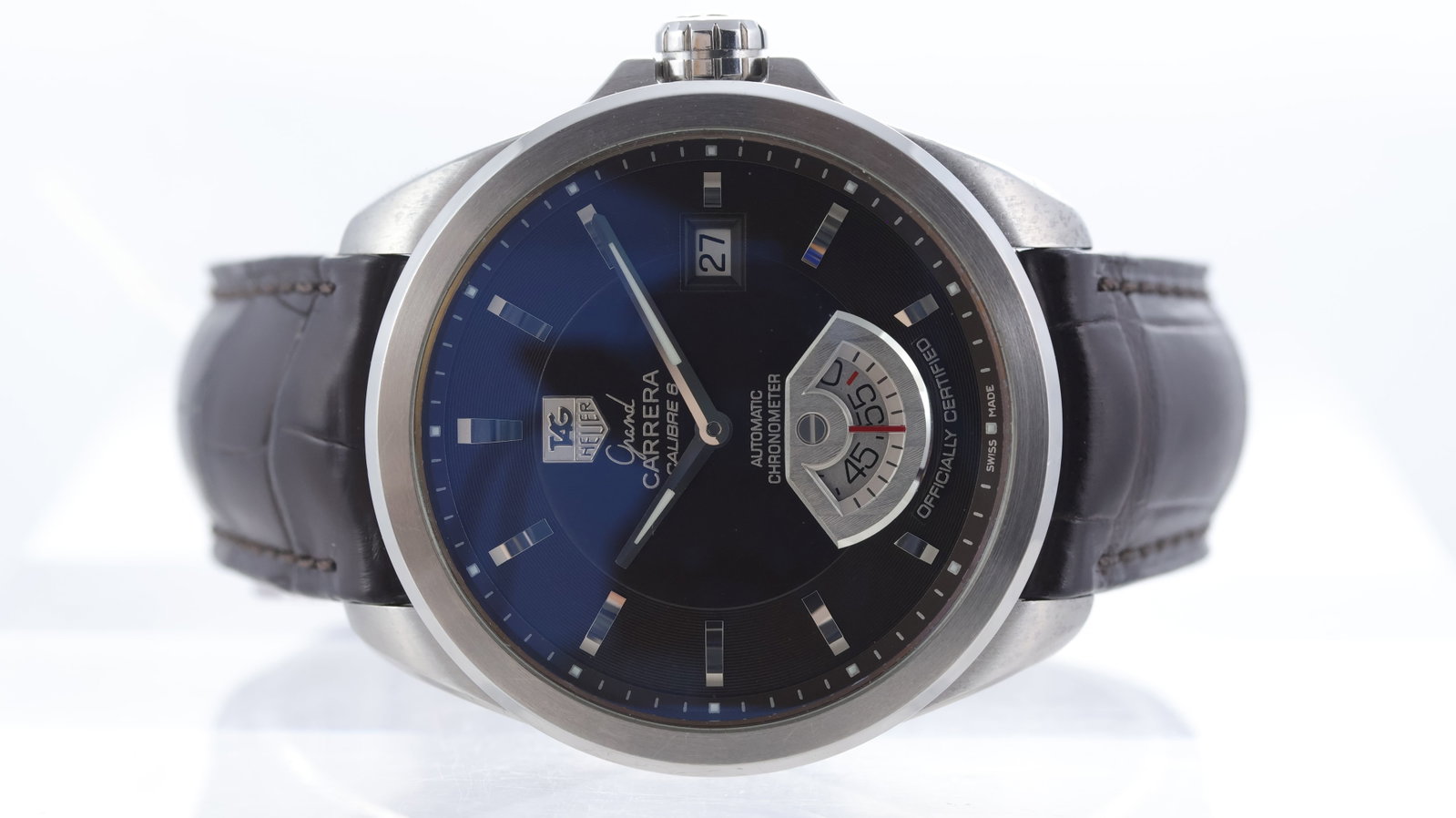Tag Heuer Grand Carrera Ref WAV511C: Brand: Tag Heuer Model Name: Grand Carrera Reference: WAV511C Movement type: Automatic Movement calibre: Tag Heuer 6 Dial shape: Circular Dial colour: Dark Brown Dial features: seconds aperture, block