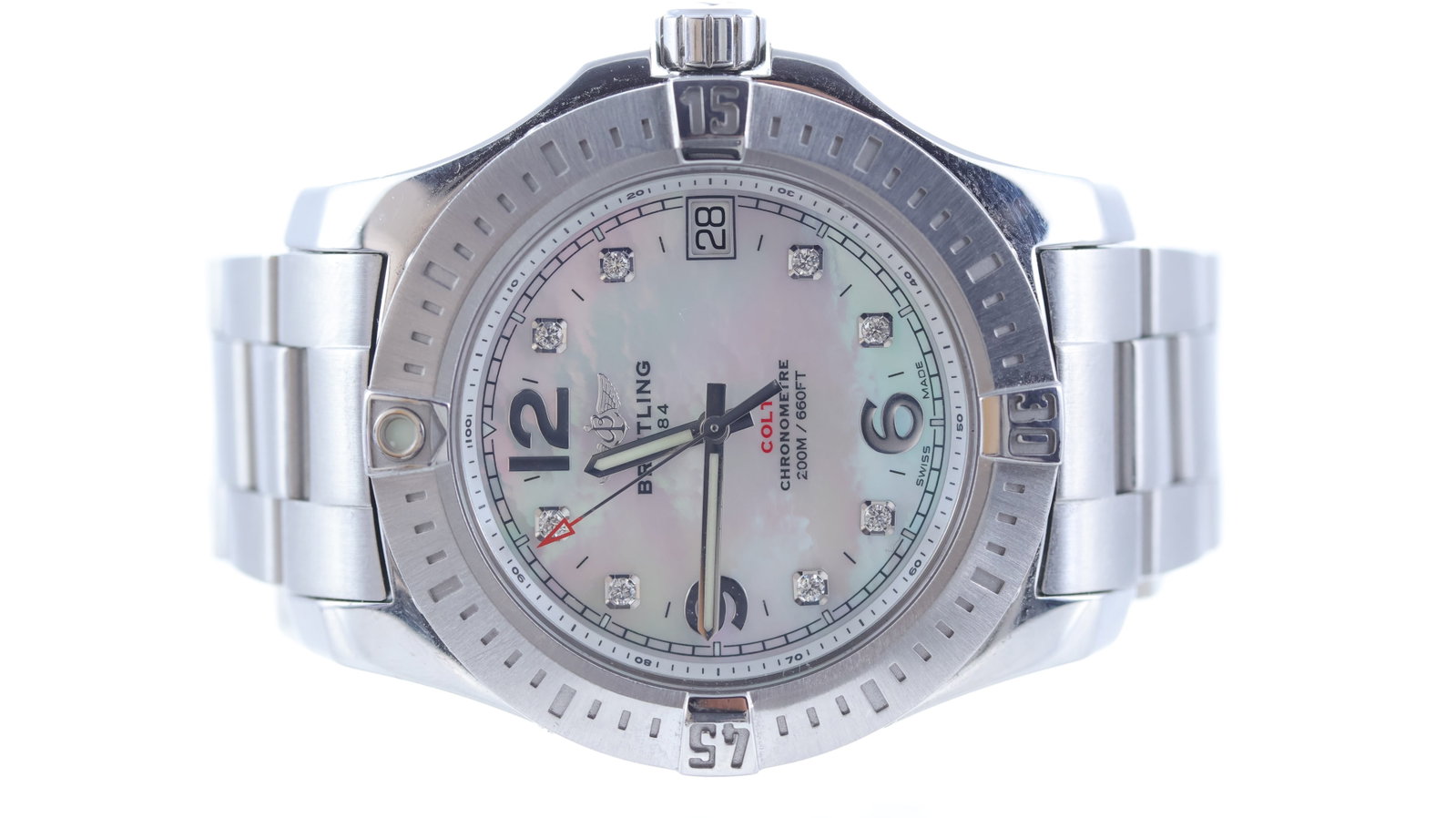 Breitling Colt Quartz Ref A74389: Brand: Breitling Model Name: Colt Reference: A74389 Movement type: Quartz Dial shape: Circular Dial colour: Mother of Pearl Dial features: Dot diamond and silver arabic numeral hour markers. Date aper