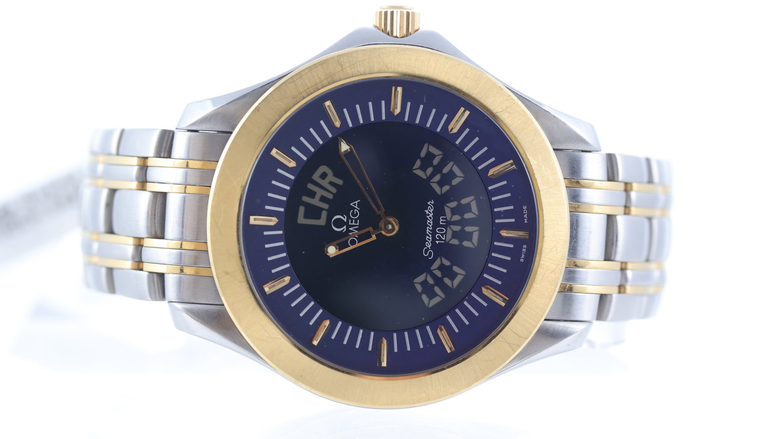 Omega Seamaster 120 Circa 1995: Brand: Omega Model Name: Seamaster 120 Movement type: Quartz Dial shape: Circular Dial colour: Blue Dial features: Analogue/digital dial Bezel: 18ct brushed bezel Case size: 40mm Case material: Stainl