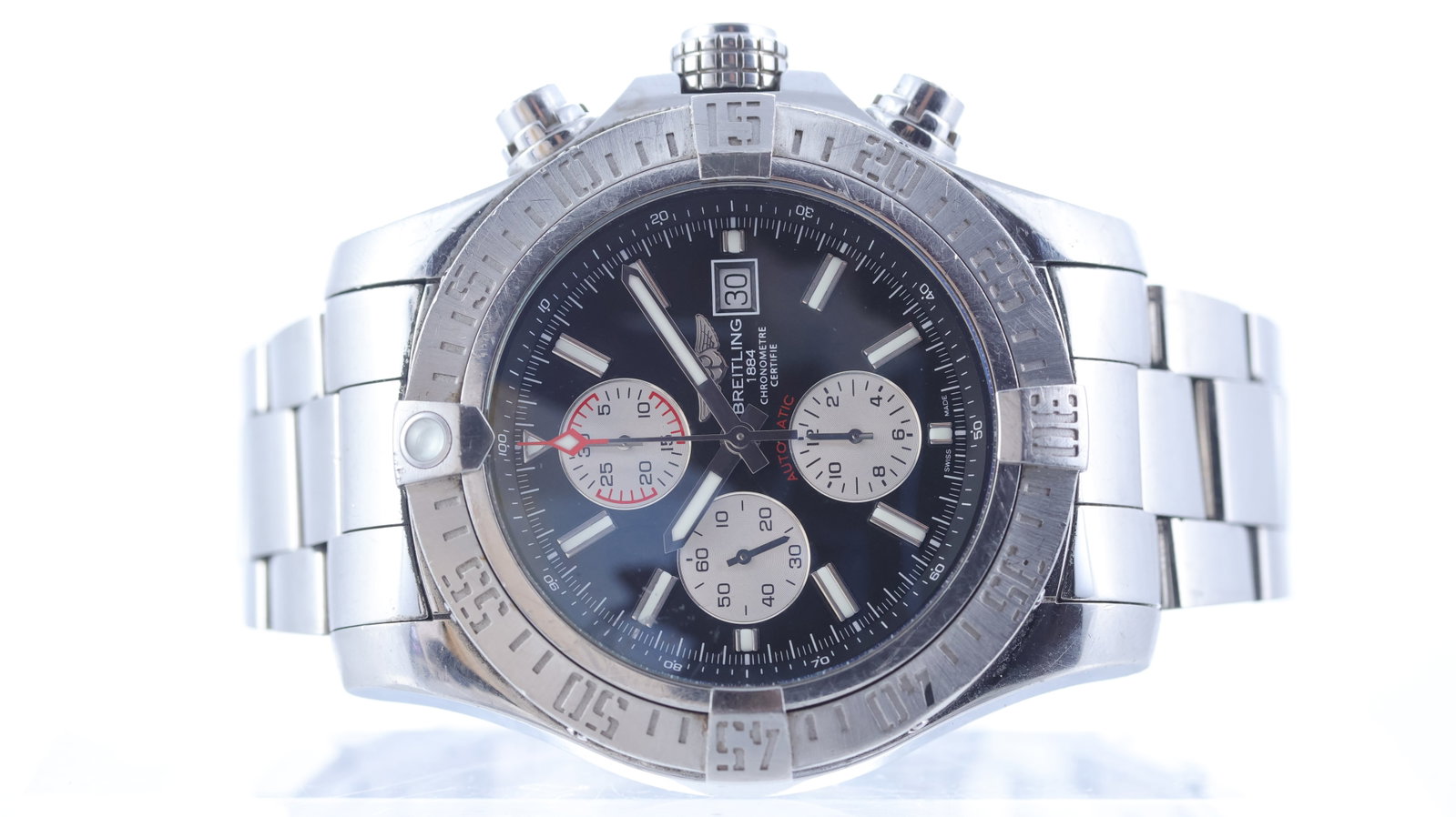 Breitling Super Avenger II Automatic Chronograph Ref A13371: Brand: Breitling Model Name: Super Avenger II Reference: A13371 Movement type: Automatic Movement calibre: 022K Dial shape: Circular Dial colour: Black Dial features: Baton hour markers, three silver 