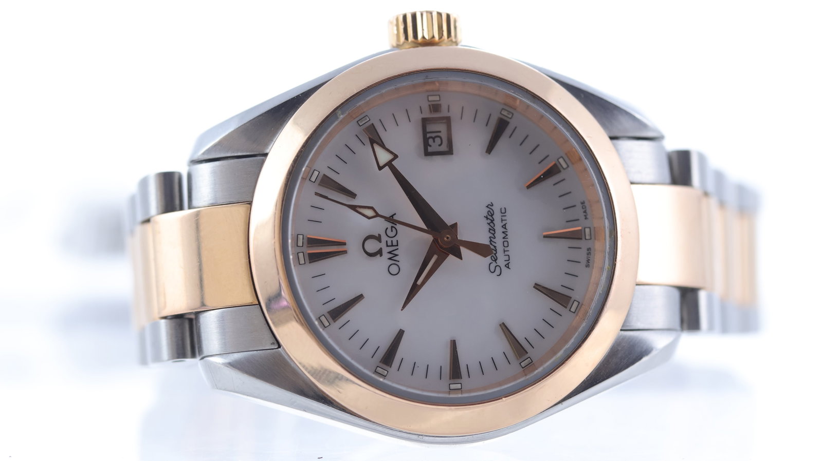 Ladies Omega Seamaster Aqua Terra Steel and Rose Gold: Brand: Omega Model Name: Seamaster Aqua Terra Movement type: Automatic Dial shape: Circular Dial colour: Mother of Pearl Dial features: Rose gold hands and baton hour markers, quickset date aperture a