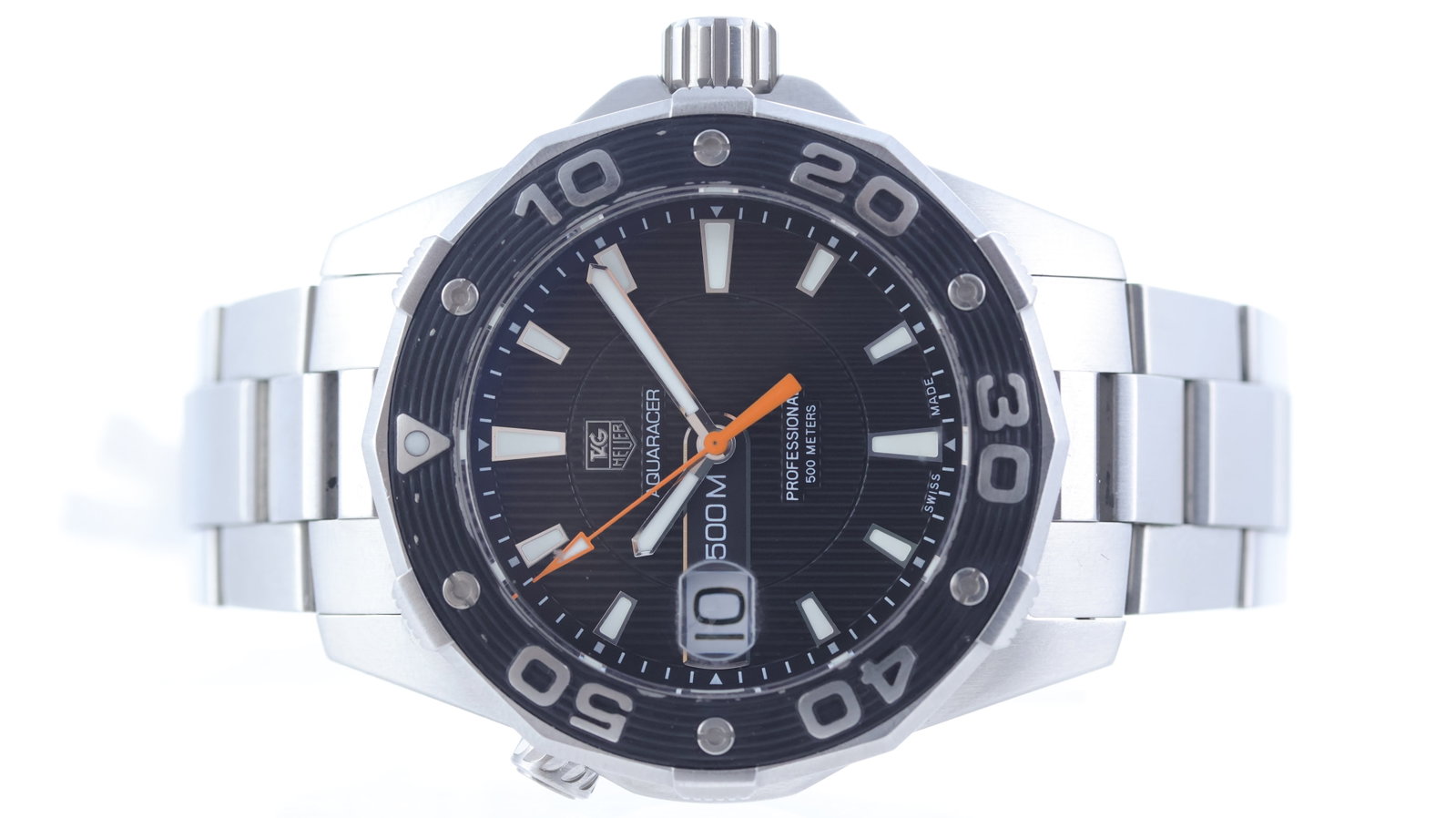 Tag Heuer Aquaracer Quartz Ref WAJ1110: Brand: Tag Heuer Model Name: Aquaracer Reference: WAJ1110 Movement type: Quartz Dial shape: Circular Dial colour: Black Dial features: Baton markers. Orange second hand. Date aperture at 9 o'clock. Be