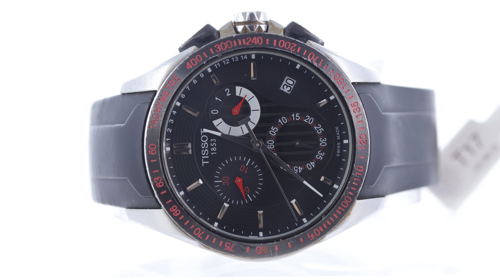 Tissot Veloci-T Ref T024417A: Brand: Tissot Model Name: Veloci-T Reference: T024417A Movement type: Quartz Dial shape: Circular Dial colour: Black Dial features: Baton hour markers, three subsidiary dials, date aperture at 4
