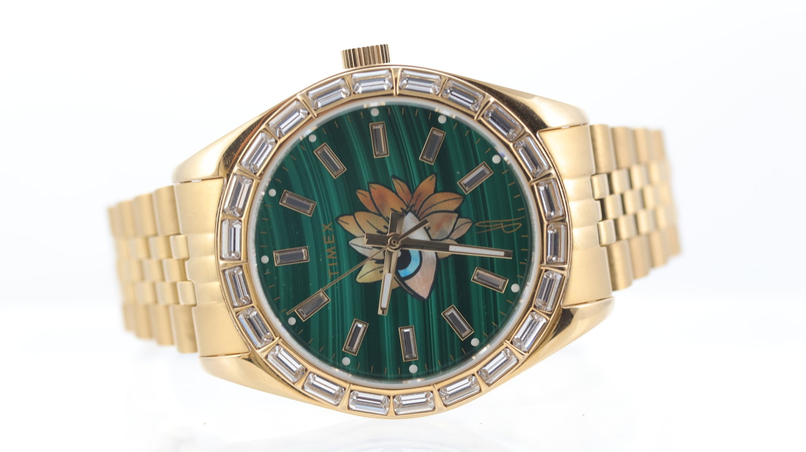 Timex Legacy X Jacquie Aiche Malachite Tribe Eye Flower with Box and Papers: Brand: Timex Model Name: Jacquie Aiche Reference: Tribe Eye Flower Movement type: Quartz Box: Full Box Papers: Booklets Dial shape: Circular Dial colour: Malachite Dial features: Real