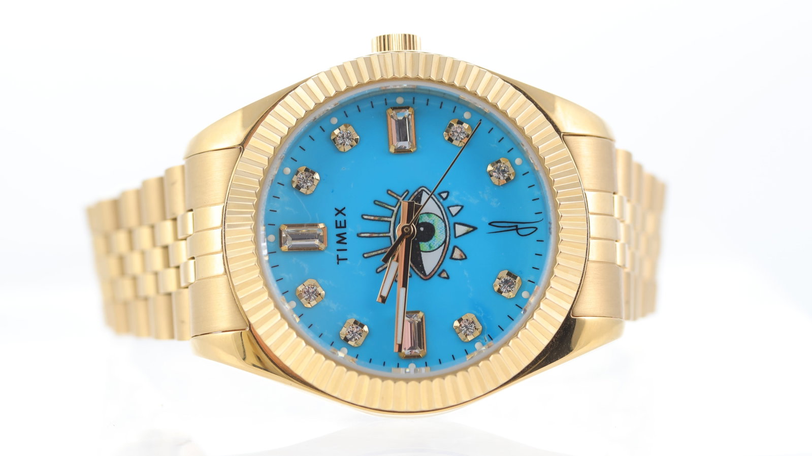 Timex Legacy X Jacquie Aiche Sundial Tribe Eye with Box and Booklets: Brand: Timex Model Name: Jacquie Aiche Reference: Sundial Tribe Eye Movement type: Quartz Box: Full Box Papers: Booklets Dial shape: Circular Dial colour: Blue Dial features: Real turquoise