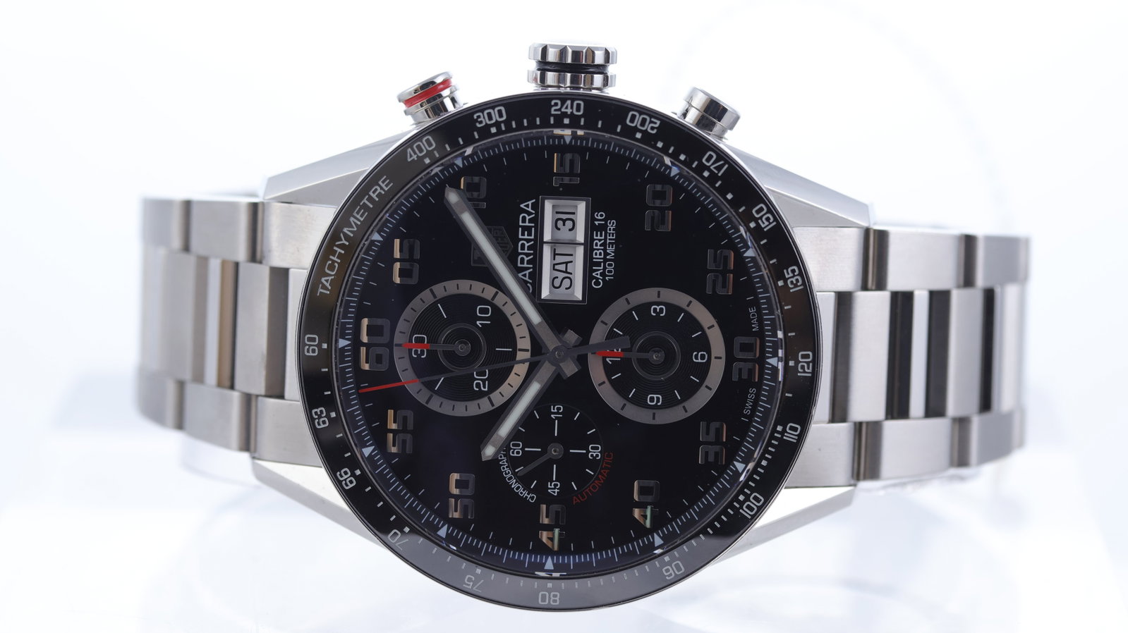 Tag Heuer Carrera Ref CV2A1R Automatic: Brand: Tag Heuer Model Name: Carrera Reference: CV2A1R Movement type: Automatic Movement calibre: Tag Heuer 16 Dial shape: Circular Dial colour: Black Dial features: Silver arabic numeral minute
