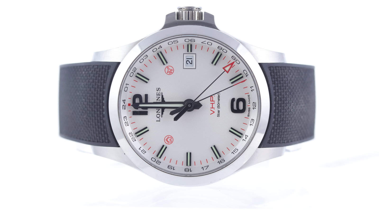 Longines Conquest Ref L3.728.4: Brand: Longines Model Name: Conquest Reference: L3.728.4 Movement type: Quartz Dial shape: Circular Dial colour: White Dial features: Luminous hour markers, V.H.P to dial, red accents, inner 60