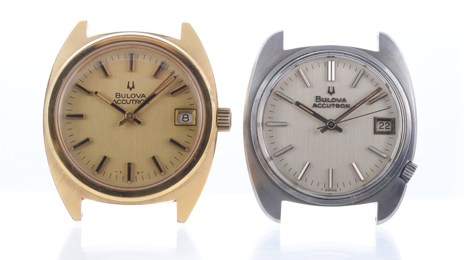 Job Lot of Two Bulova Accutron's Circa 1970's: Job Lot of Two Bulova Accutron's Circa 1970's, Both not running stuck on the date setting function, able to set the time on both, Gold plated - Ref N4, Stainless Steel - Ref M8, 36mm cases.
