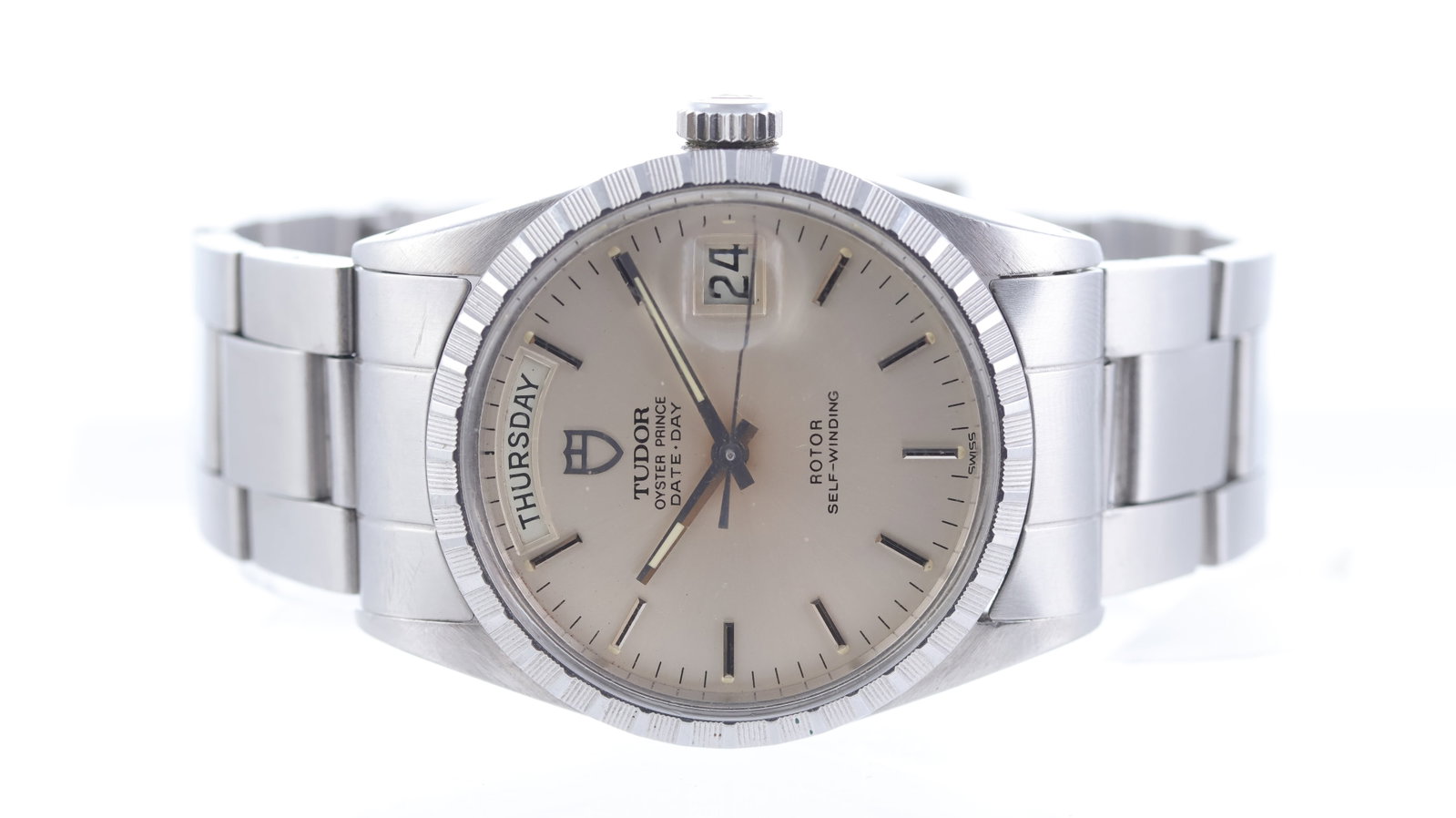 Tudor Oyster Prince Date-Day Ref 94510 Circa 1980's: Brand: Tudor Model Name: Oyster Prince Date-Day Reference: 94510 Movement type: Automatic Movement calibre: Tudor ETA 2834-1 Year: Circa 1980's Dial shape: Circular Dial colour: Silver Dial features: 