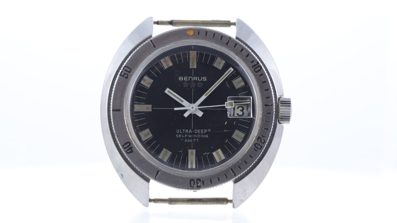 *To Be Sold Without Reserve* Vintage Benrus Ultra Deep 666 Diver Ref 6502 Circa 1960's: Brand: Benrus Model Name: Ultra Deep 666 Diver Reference: 6502 Movement type: Automatic Movement calibre: Benrus ETA 2472 Year: Circa 1960's Dial shape: Circular Dial colour: Black Dial features: Bato